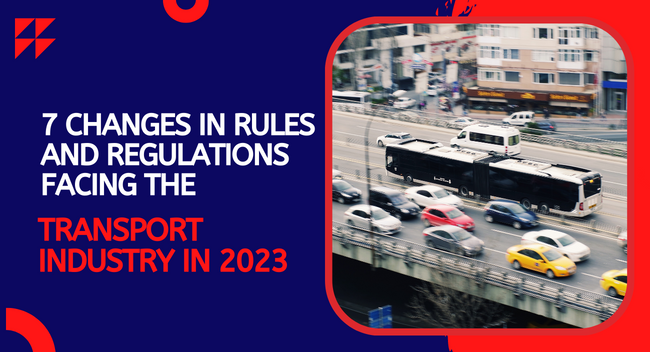 A black bus travels on a busy highway overpass in an urban area. Surrounding cars and buildings create a bustling city scene. Text reads: "7 Changes in Rules and Regulations Facing the Transport Industry in 2023."