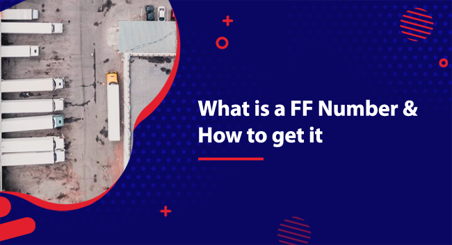 Trucks are parked in a lot viewed from above. On the right, text reads, "What is a FF Number & How to get it". The background is dark blue with red accents.