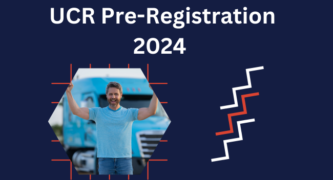 A smiling man in a blue shirt stands confidently in front of a large blue truck. The text reads "UCR Pre-Registration 2024". Red and white chevrons add a dynamic touch.