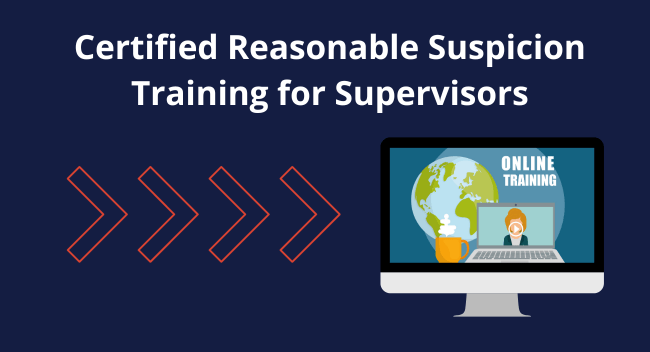 Computer displaying a globe and person, labeled "Online Training," signifies certified reasonable suspicion training for supervisors. Red arrows point rightward on a dark blue background.