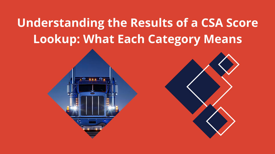 Need a USDOT Number? – 5 Text reads, “Understanding the Results of a CSA Score Lookup: What Each Category Means.” Shows a blue truck headlight illuminated in a diamond shape, with geometric patterns on an orange background.