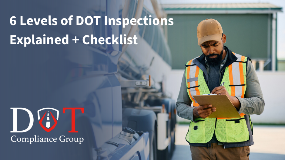 DOT inspector wearing a safety vest reviews a clipboard beside a truck.